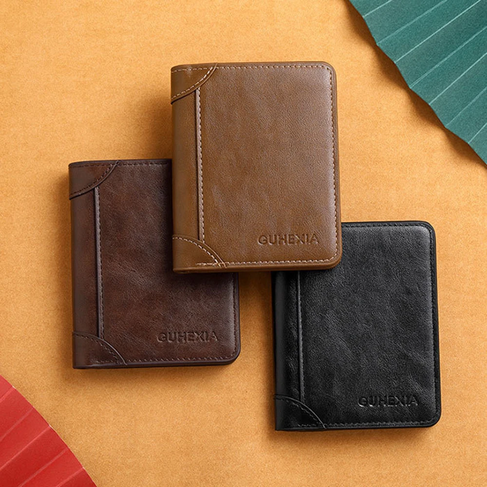 Men Wallet Genuine Leather Rfid Blocking Trifold Wallet Vintage Thin Short Multi Function ID Credit Card Holder Male Purse Money
