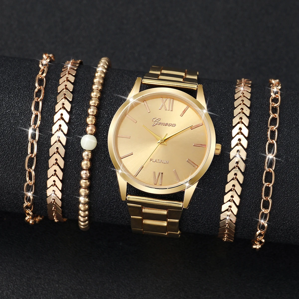 6PCS Women\'s Watch Fashion Gold Steel Band Quartz Watches Bracelets Set（Without Box）