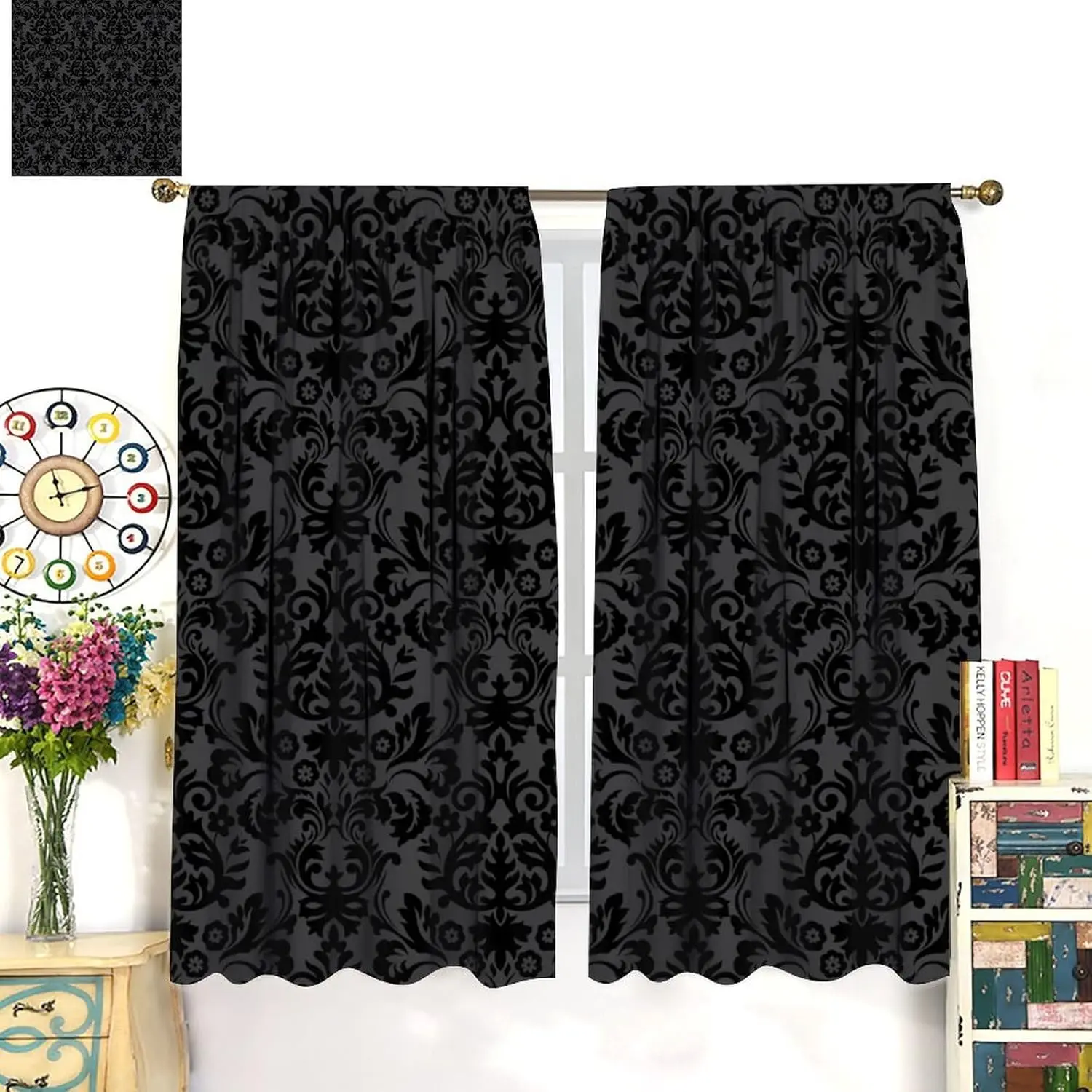 Black Damask Vintage Floral Curtains Bohemian Antique Victorian Baroque Exotic Window Drapes for Boys Girls Room Bedroom Living