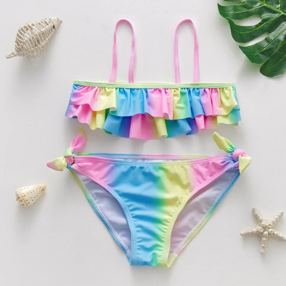 Baby Girls Swimsuit Two Piece Rainbow Hot Stamping Children's Swimwear Girls Beachwear 3 4 5 6 7 8 9 10 12 Years