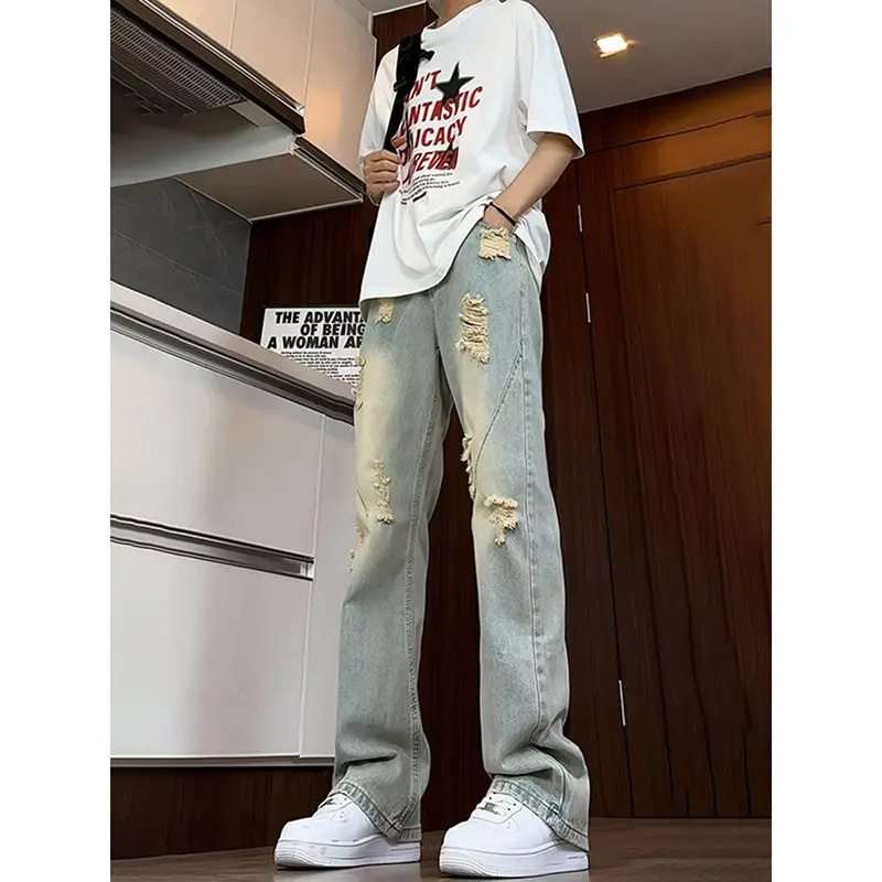 

Мужские рваные джинсы с манжетами в стиле ретро, летние, тонкие, прямые, свободные, в американском стиле, модные, брендовые, с эффектом потертости, молодежные, эластичные, с высокой талией