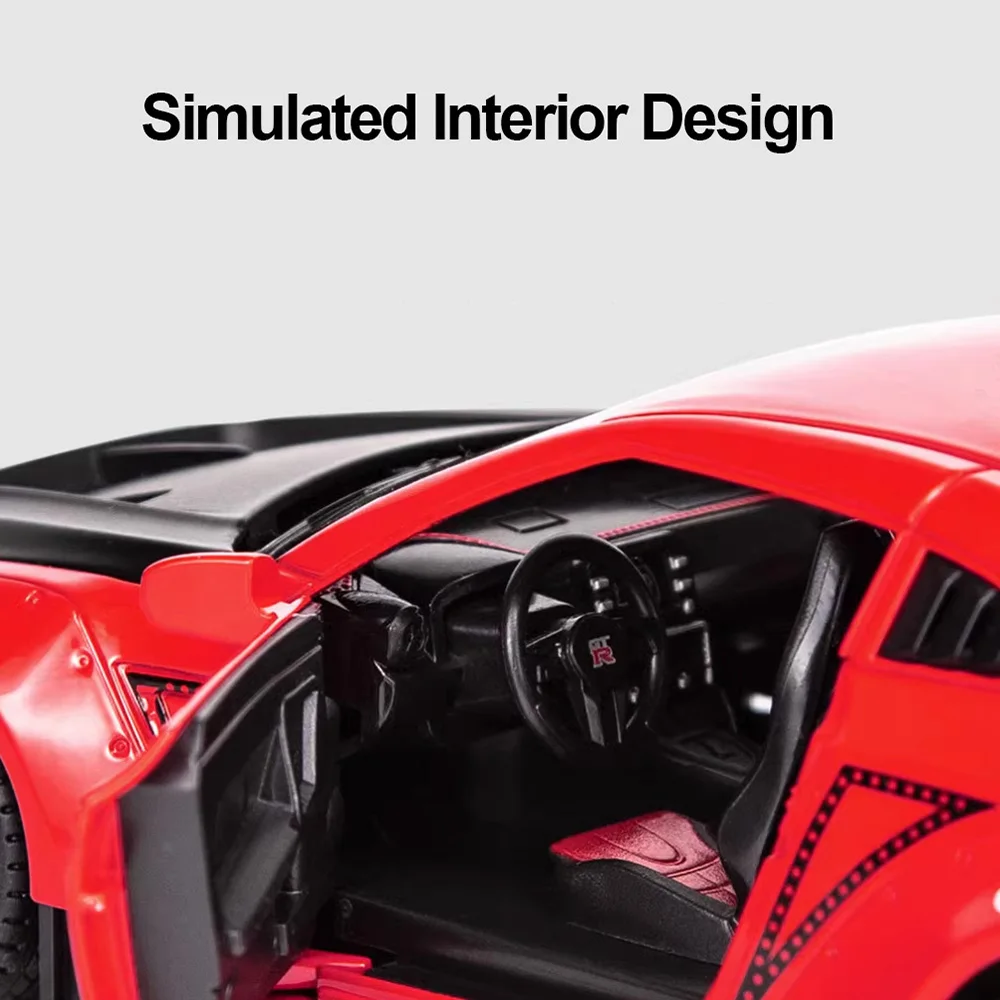 1:24 Schaal GTR R35 R34 Speelgoedautomodel Legering Diecast Pull Back 3 Deuren Opend Voertuigen Modellen Geluid Licht Collectie Kinderen Speelgoed