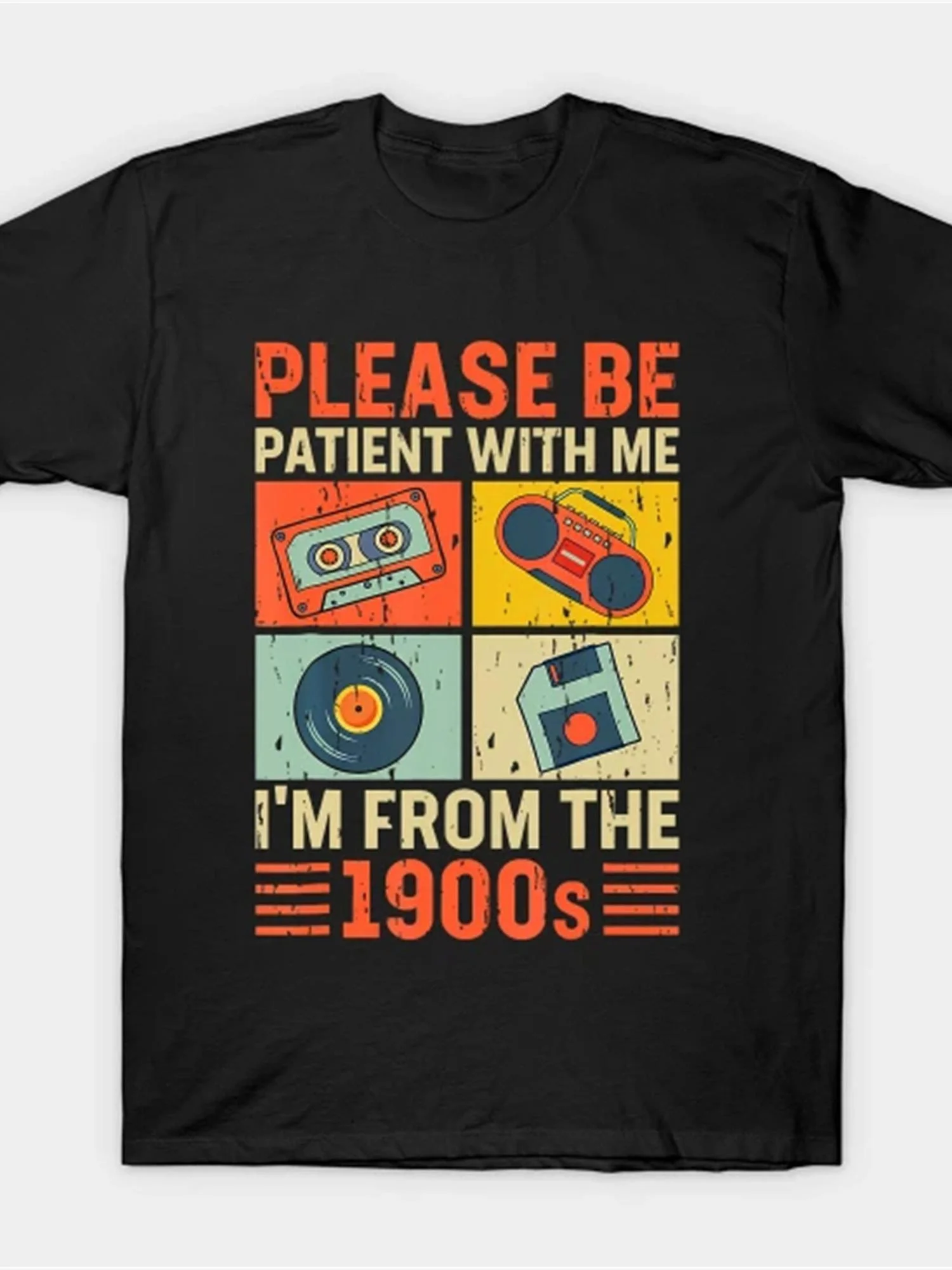 

Funny 1900s Retro Cassette Boombox Floppy Disk Graphic Tee Cotton Short Sleeve Casual T-Shirt for Men