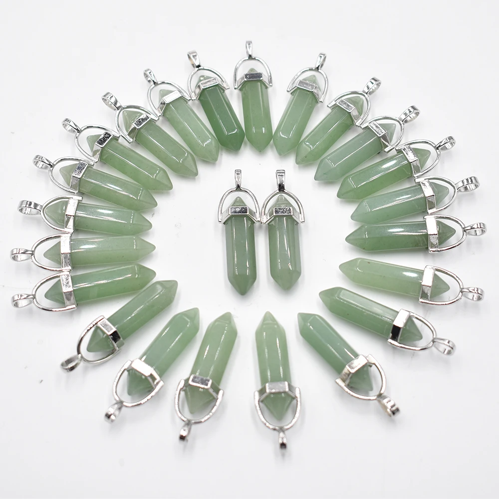 Wholesale 24 50 100pcs/lot natural  stone green aventurine pillar shape point Chakra charms pendant for jewelry making free