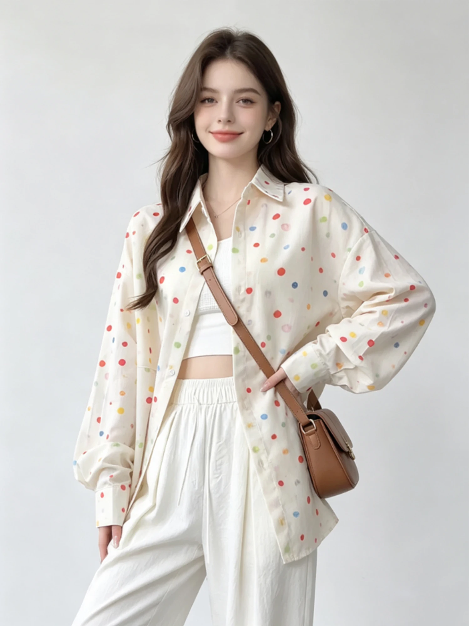 

Женские блузки и рубашки в корейском стиле, абрикосовые, в горошек, повседневные, винтажные, модные, Y2K, с длинным рукавом, топы для женщин, лето-весна