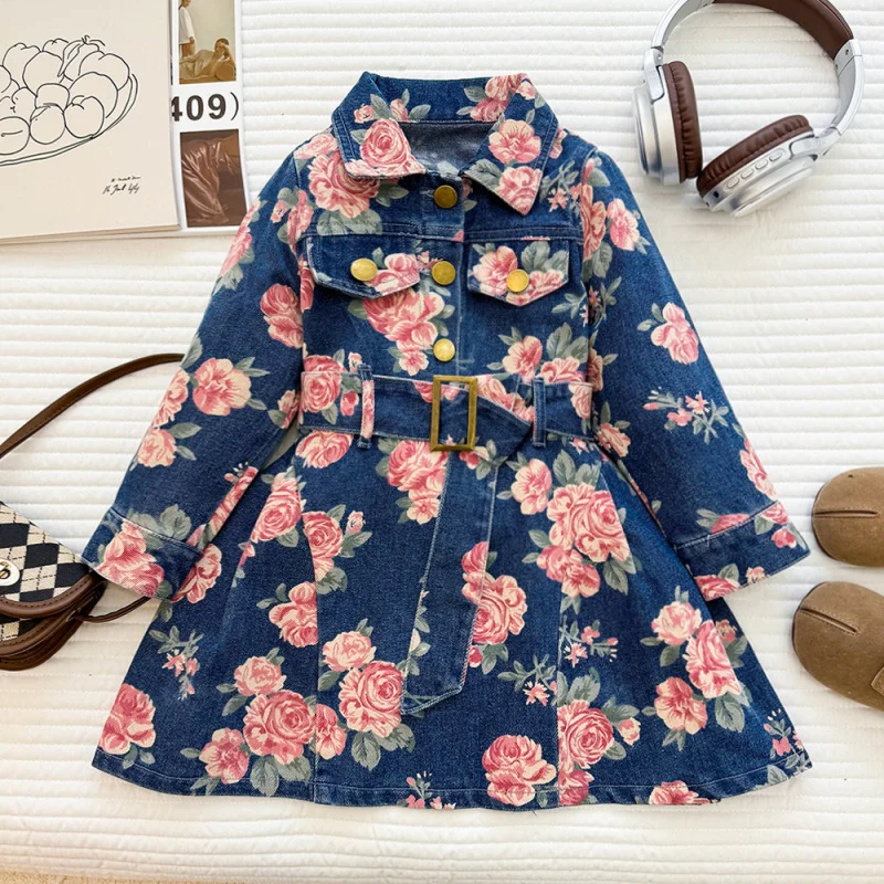 

Girls' Printed Denim Dress for Spring2026New Year's New Style Lapel Waist Fashionable Floral Denim Skirt Trendy