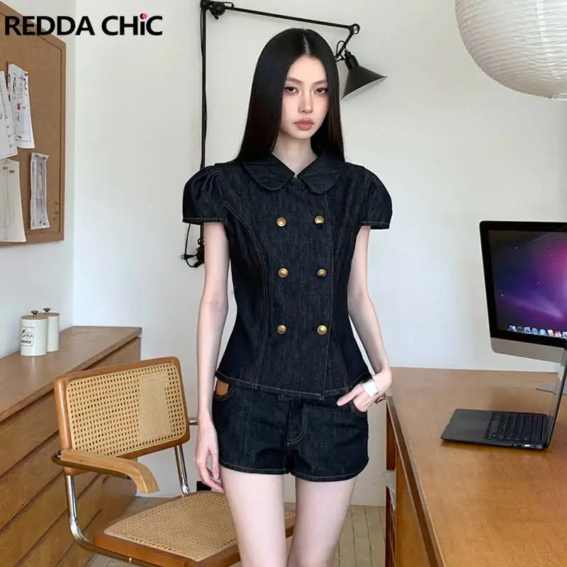 ReddaChic Cowgirl Blouse Shorts Women Matching Set Vintage Denim Low Waist Mini Shorts Double Breasted Top Cute Summer Clothes