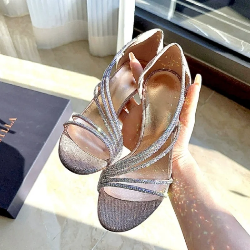 

New Fashion Shiny Rhinestone Women Stilettos Hollow Strap High Heels Sandals Women French Sandals Fashion Banquet Wedding Shoes