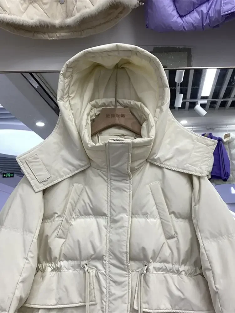 Imagem -04 - Jaqueta de Puffer de Pato Branca Feminina Parka com Capuz Cabolsa com Zíper Quente Casual Sólido Novo Inverno 2023