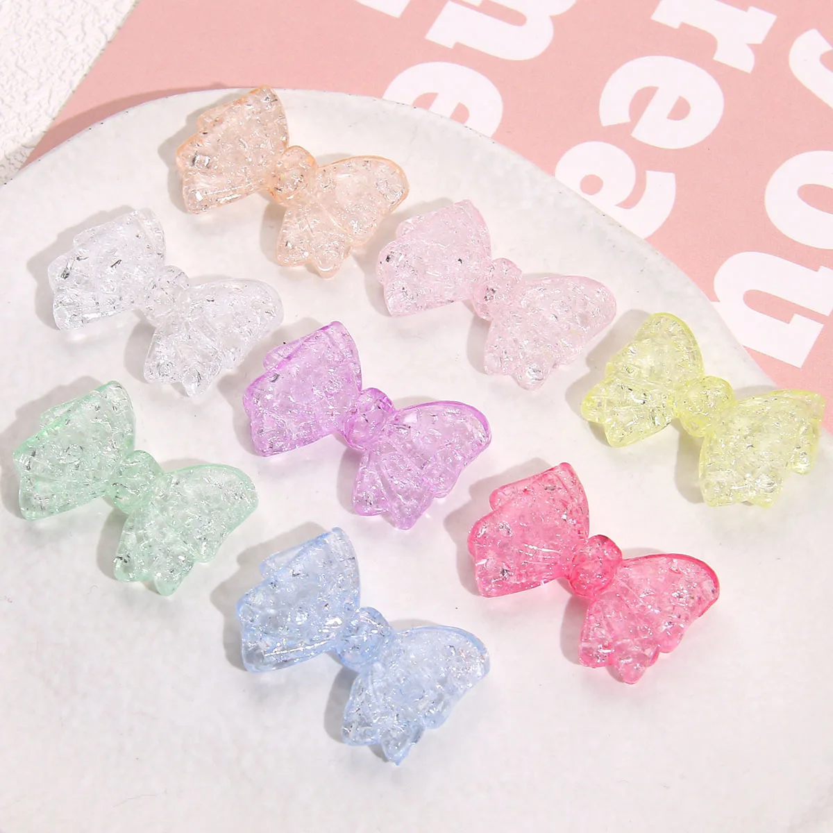 100pcs 20*30mm Glitter Jelly Ribbon Knot Bow Shape Acrylic Jewelry Beads Fit Bracelet Necklace Earring Ornament Accessories