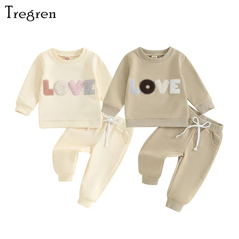 Tregren 0-3Y Toddler Baby Girls Outfit Plush Letter Embroidery Long Sleeve Sweatshirt Elastic Pants 2pcs Set Infant Fall Clothes