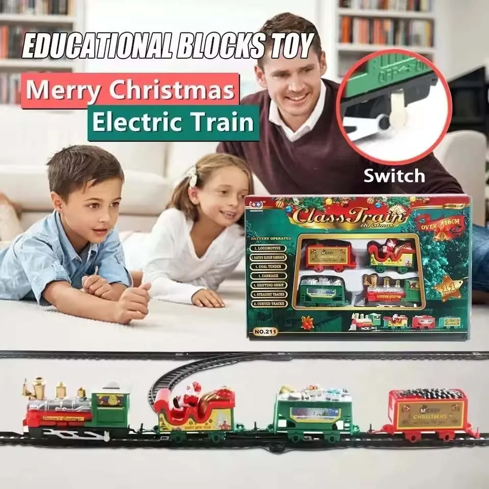 Christmas Train Electric Toys Christmas Tree Decoration Train Track Frame Railway Car with Sound&Light Rail Car Christmas Gifts