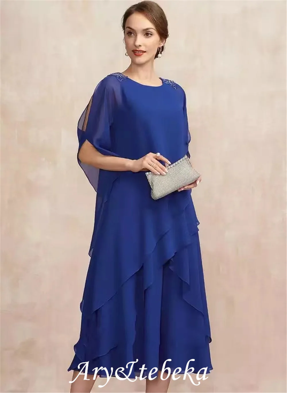 

Mother of the Bride Dresses Elegant Royal Blue Scoop Tea-Length Chiffon Beading Ruffles Party Gowns vestidos para madre de novia