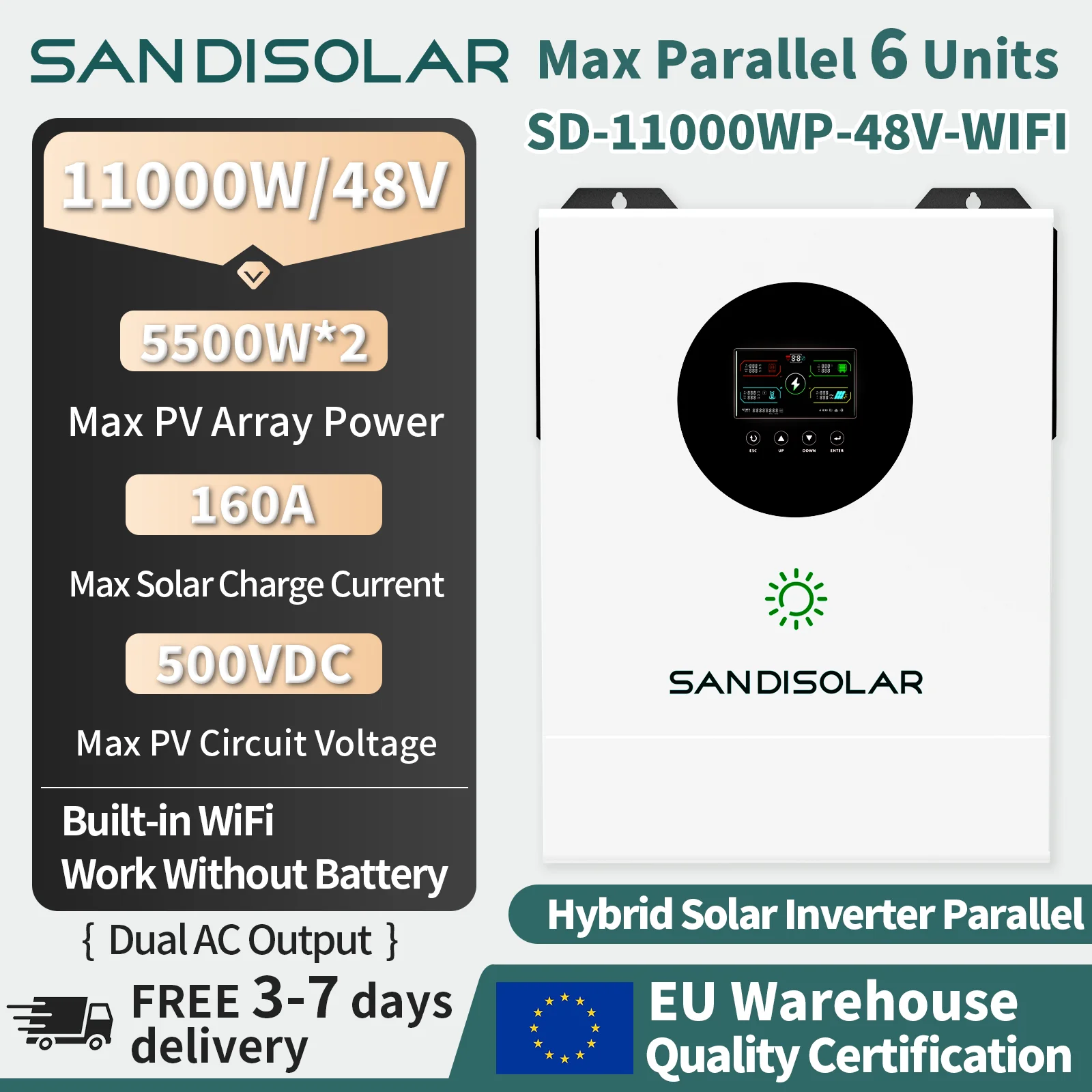 SANDISOLAR – 6-modułowy, równoległy falownik hybrydowy o mocy 11 kW i napięciu 48 V, maksymalna moc wejściowa 11 000 W, podwójne wejście fotowoltaiczne 160 A, ładowarka MPPT, podwójne wyjście prądu