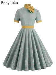 Bow Tie Neck Plaid High Waist Pocket Vintage Elegant Dress Autumn Winter Office Outfits Women 50s Rockabilly Long Ladies Dresses