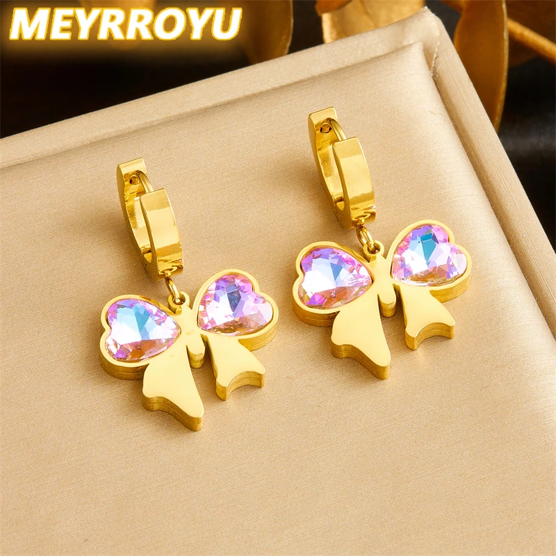 MEYRROYU 316L Stainless Steel Pink Purple Zircon Bowknot Earrings Womens Fashion Design Sense New Current Ear Jewelry Gift Party