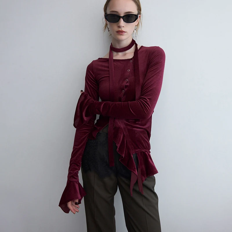 Neck tie velvet diagonal buckle solid color cardigan lace long sleeved T-shirt top