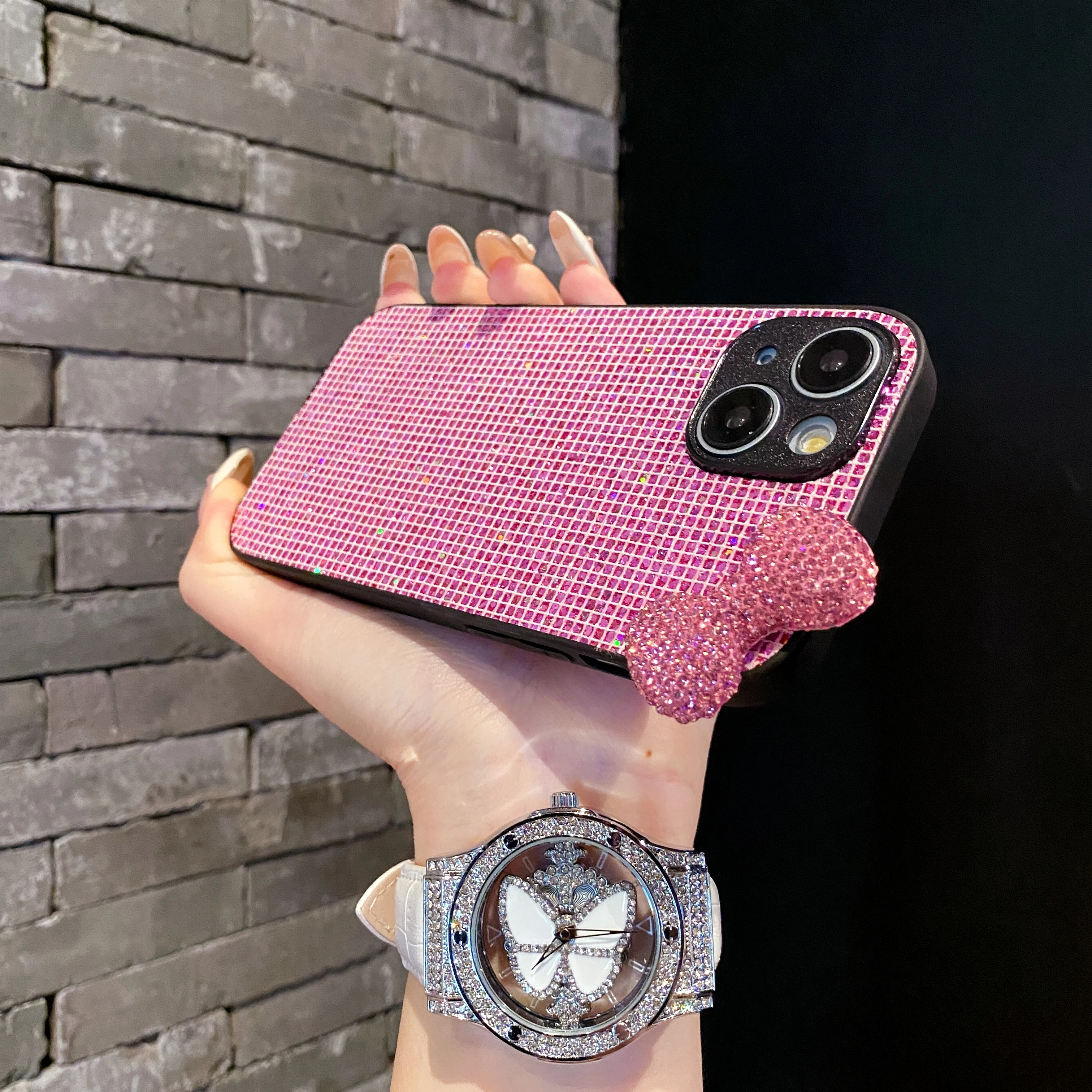 럭셔리 라인스톤 보우 그리드 패턴 글리터 폰 케이스 (아이폰 17, 16, 15, 14, 13, 12, 11 플러스, 프로, 맥스, 16E, 17 에어 블링 스팽글 커버)