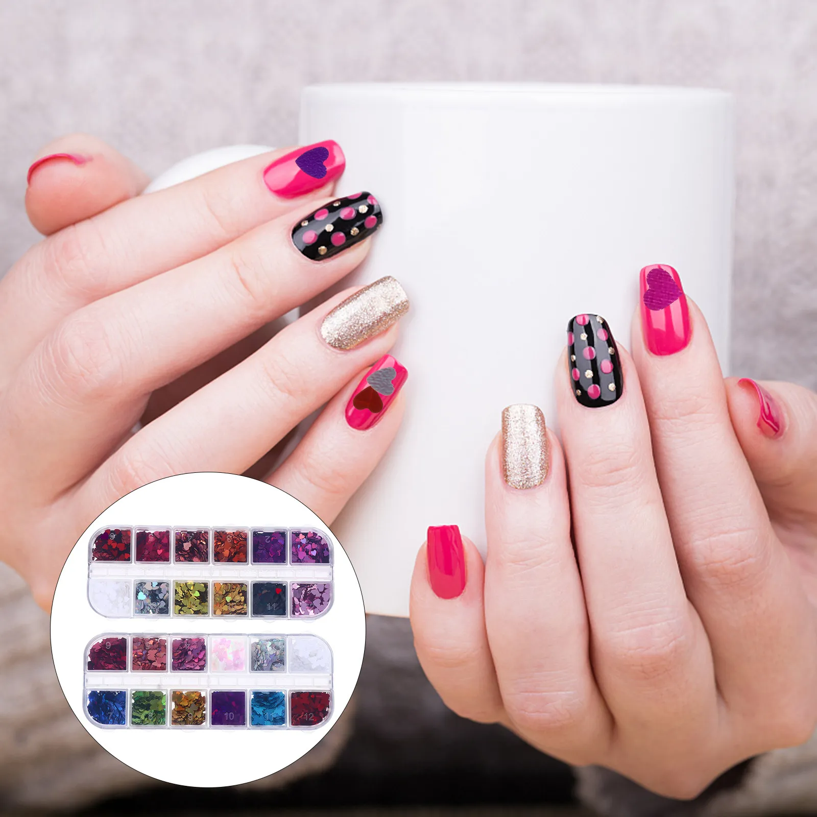 

2 коробки красивых блесток для маникюра с сердечками, декоративные наклейки для ногтей, компактная портативная упаковка, украшения для ногтей для женщин