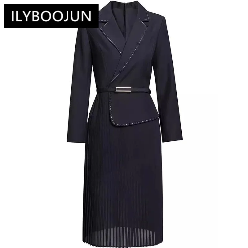 

Autumn Winter Women's Commuter Dress Notched Long Sleeved Pretty Slim-fit Hip Wrap Pleated Splicing Lace-up Dresses