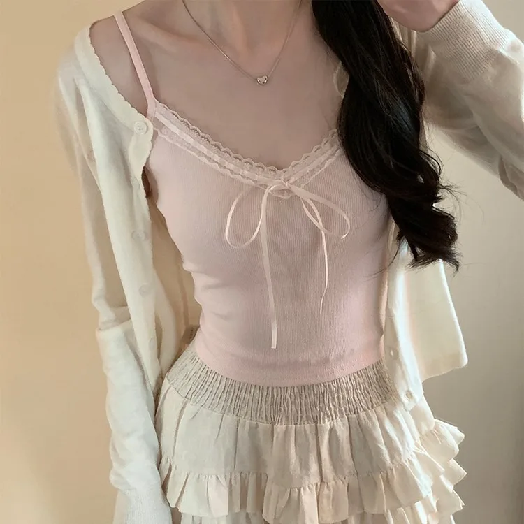 Sweet Lace Butterfly Cami Top Pure Desire Built-in Pads Tank Cute Slim Vest, Summer Layering Undershirt Girly Sleeveless Blouse