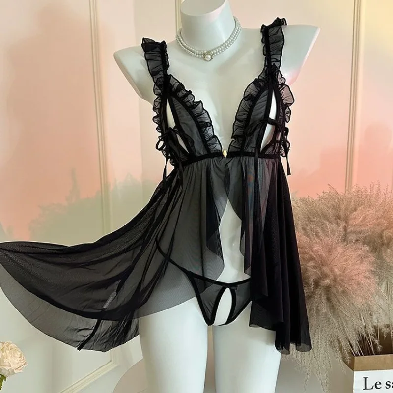 Women Pajamas Set Lace Open Bra Sleepwear Sexy Lingerie Elastic G Strings Nightwear Suit Sleeveless Crotchless Nightdress - view 4