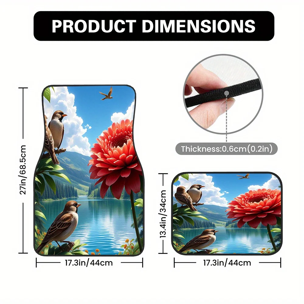 4pcs Auto Mats Highlighting Sparrow Apple Flower Landscape Motif, Compatible With Crossovers Or Trucks, Presenting Convenient Cl