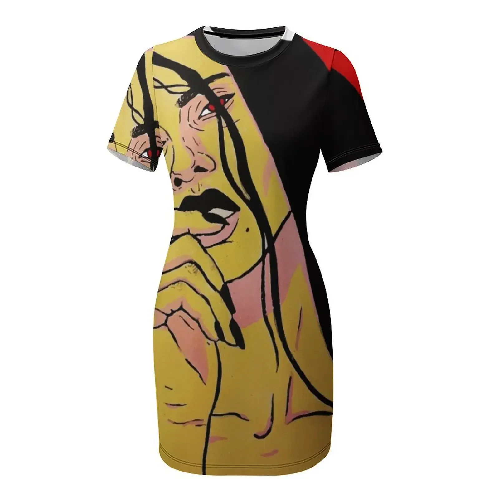 Illustration portrait femme modèle, pop robe à manches courtes robes longues pour femmes vêtements de bal robe d'été robe quotidienne