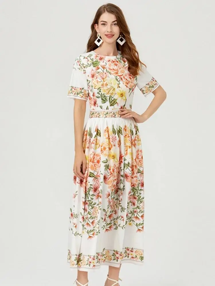Women Yellow Floral Print Beach Bohemian Party Maxi Dress Summer Cotton Short Sleeve Gorgeous Flower Holiday Long Vestidos
