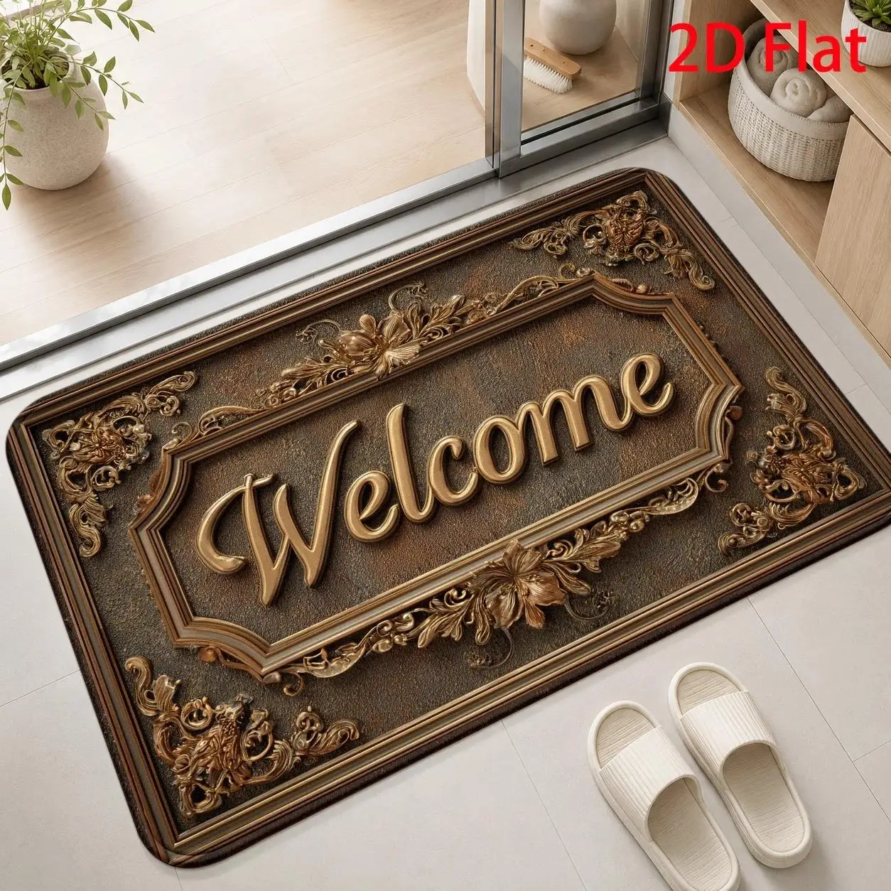 Gold Embossed Welcome Sign European Vintage doormat for Hallway Luxurious Detail rug Floor Mat Grand Entrance
