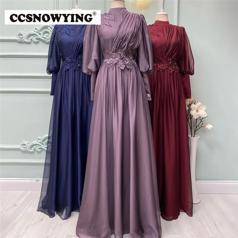 

Chiffon Flowers Long Sleeve Muslim Evening Dress Arabic Dubai High Neck Prom Formal Party Gown A Line Moroccan Caftan