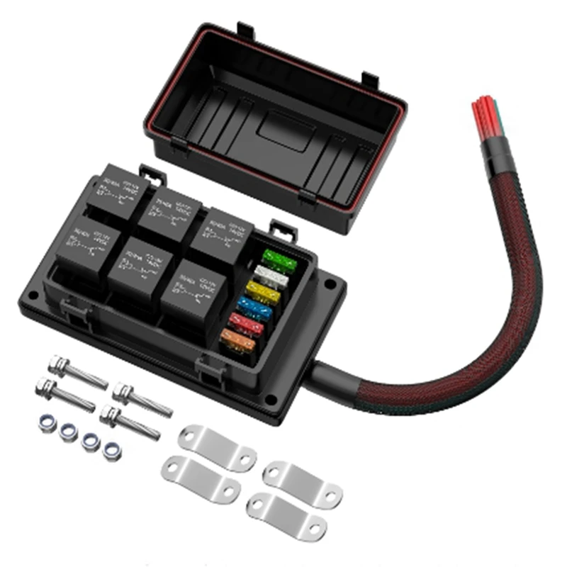 Relay Box 12V With 6 PCS 4 Pin Relays And 6 PCS ATC/ATO Blade Fuse Pre-Wired Relay Box With Relay Kit For Auto