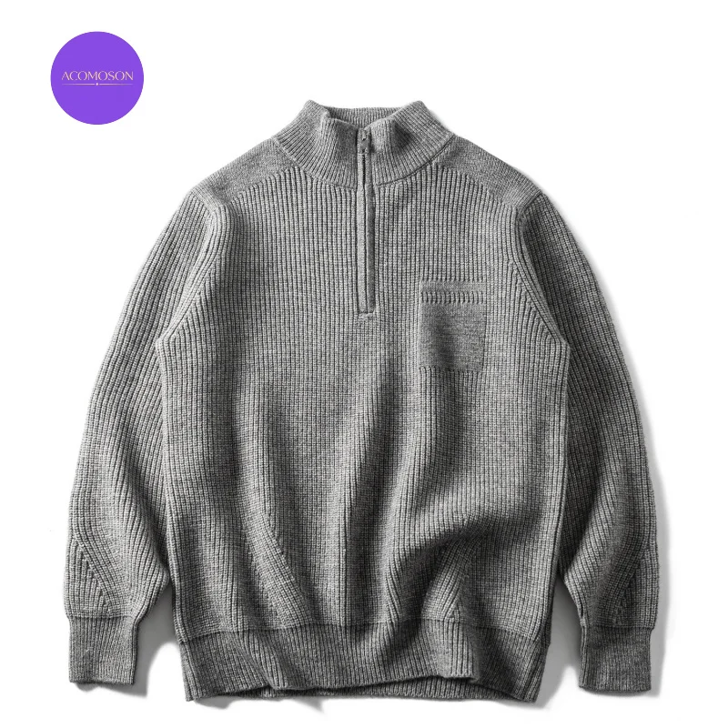 ACOMOSON EU US Size Cardigan Sweater Men Japanese Retro Old Money Style Half-Zip Stand Collar Unisex Pullover Knit Sweater