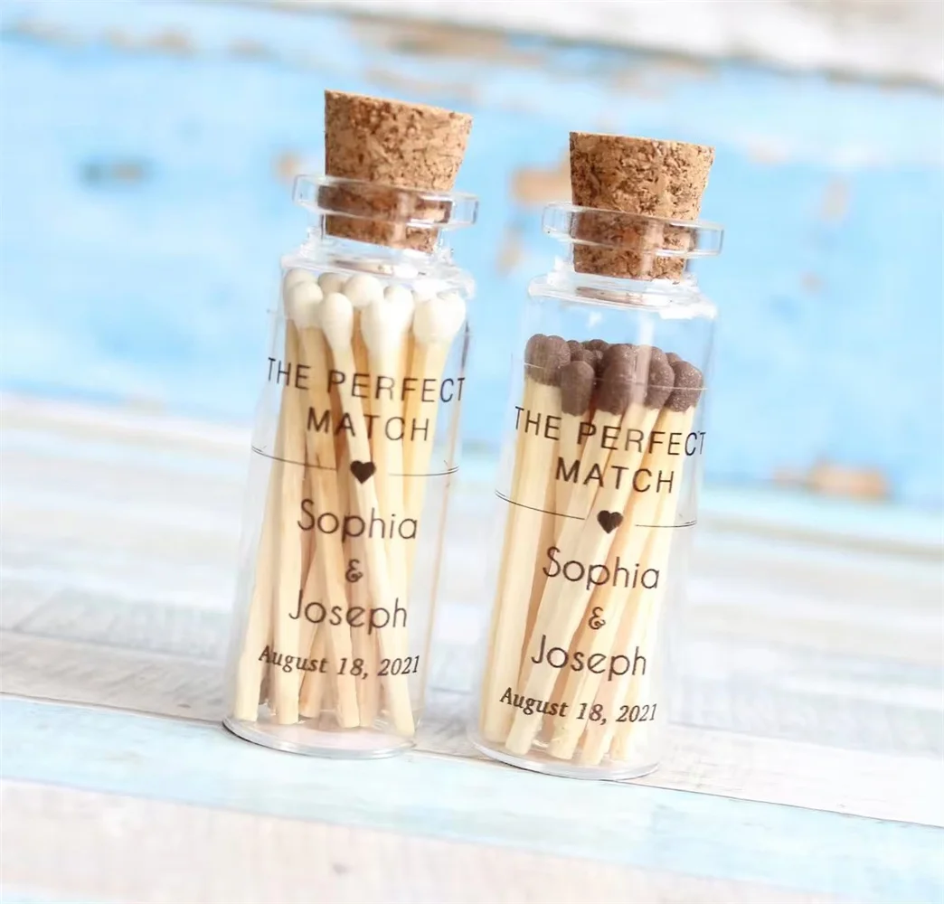 Wedding Matches, The perfect match, Glass Bottle, Custom Label, Wedding Favors for Guests, match bottle with striker, Company Ma