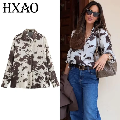 HXAO Camisa de mujer Camisas y blusas con estampado de animales Blusas de manga larga de gran tamaño de satén de primavera Camisas elegantes con botones Tie Dye 2025