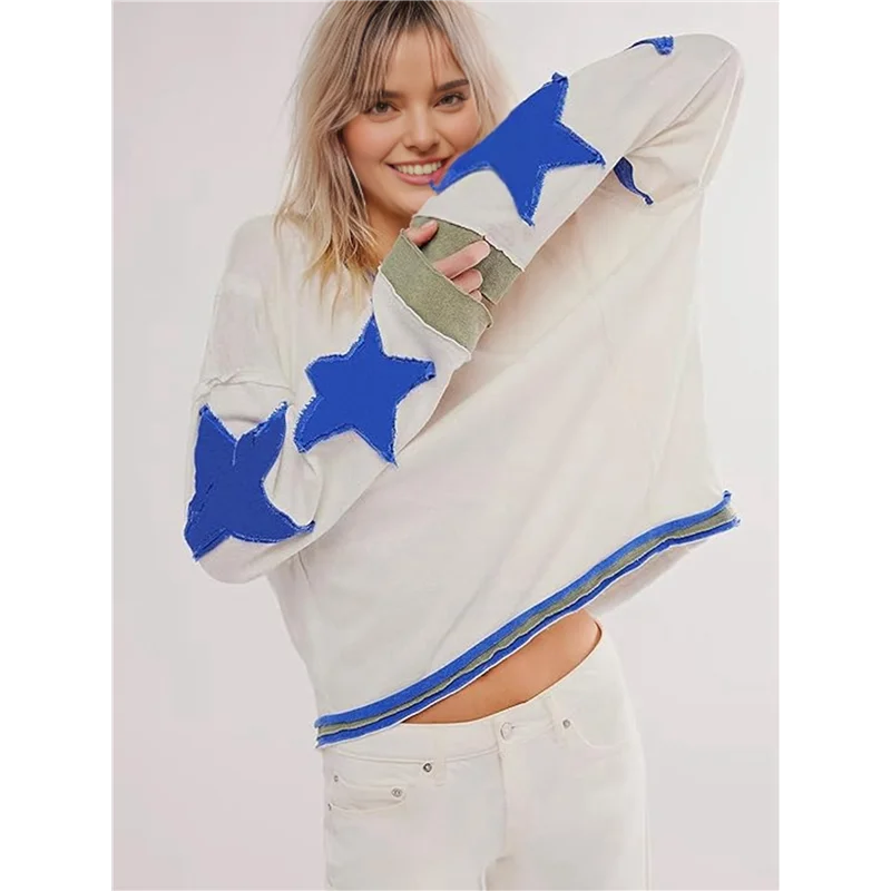 

ABP-Женские хлопковые рубашки большого размера с длинными рукавами, топы, пуловер с круглым вырезом со звездами Y2K, осенне-зимняя одежда в стиле гранж