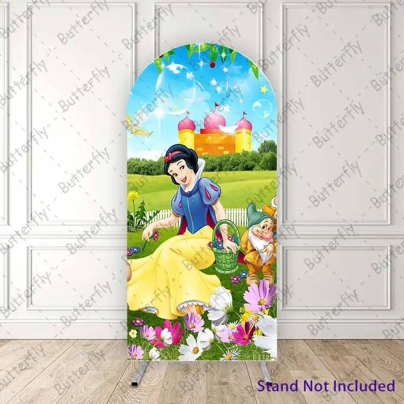 Seven Dwarfs Flowers Snow White Castle Princess Disney Arch Photo Backdrop Cover Girls Birthday Party Background Decoration