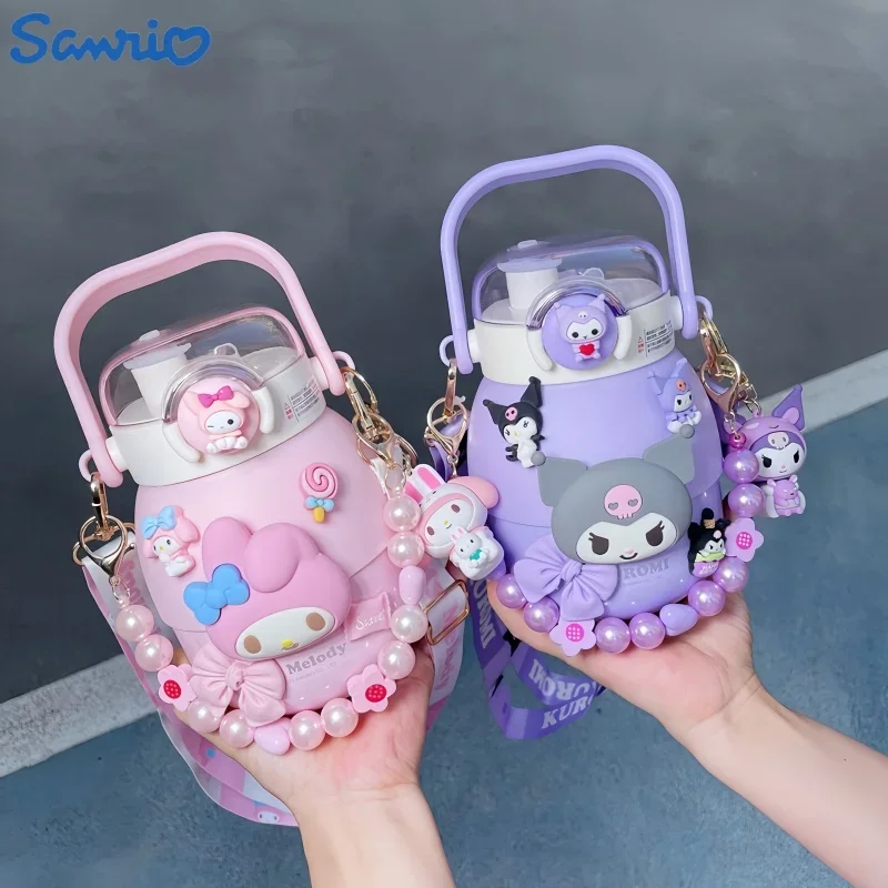 700/880ml Sanrio Kuromi Cinnamoroll Thermos Bottle Sippy Cups Coffee Water Cups Kawaii Ins Stainless Steel  Handle Travel Mugs