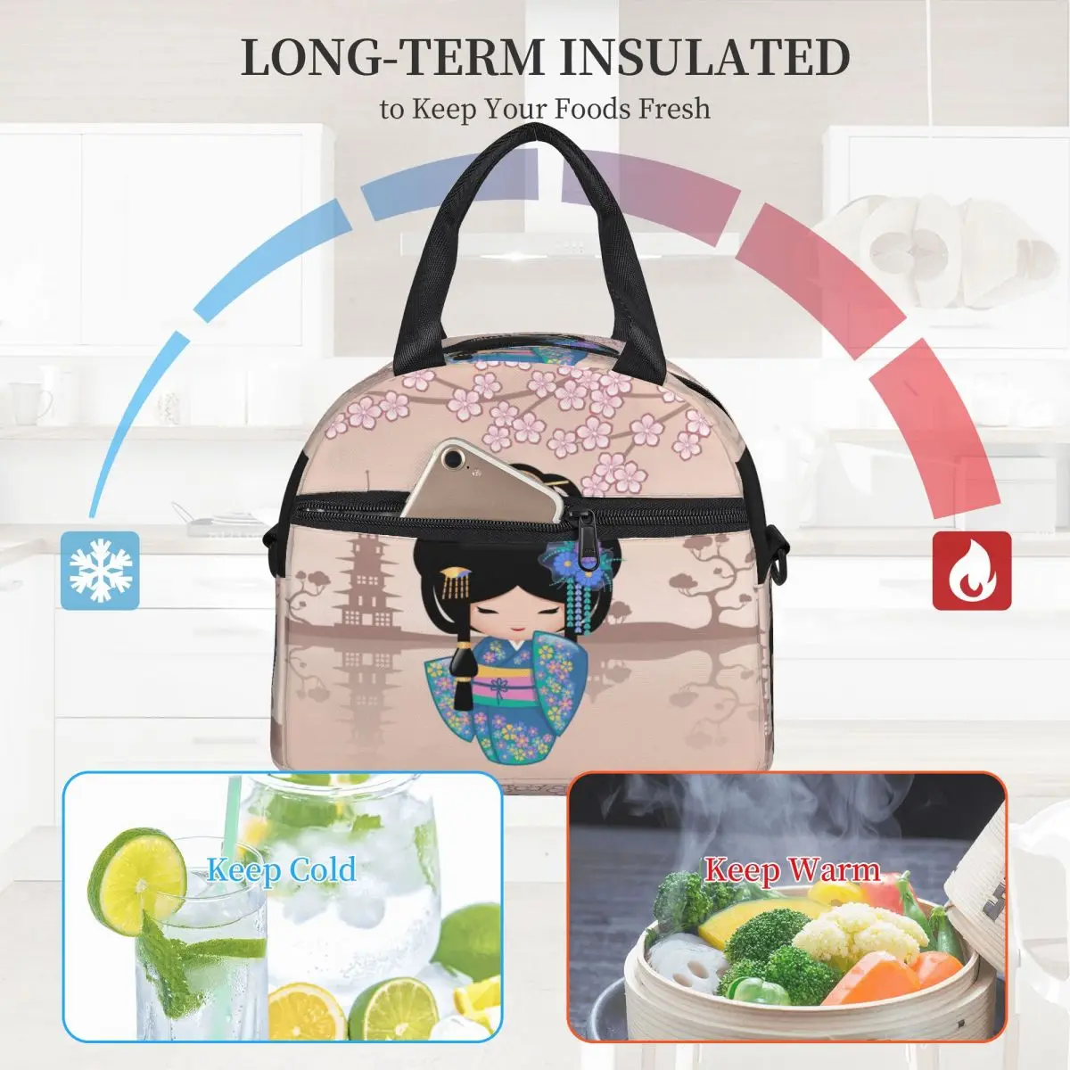 Large Insulated Lunch Box With Adjustable Shoulder Strap Japanese Keiko Kokeshi Doll Girls Accessories Storage Food Box