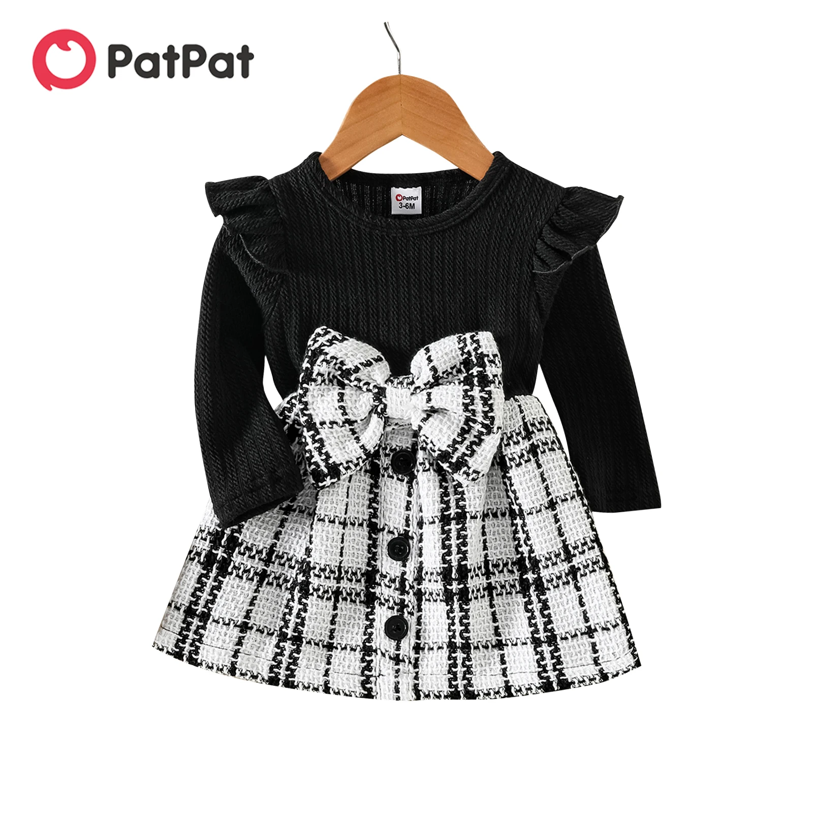 PatPat Baby Girl Solid Rib Knit Ruffle Long-sleeve Spliced Tweed Bow Front Dress