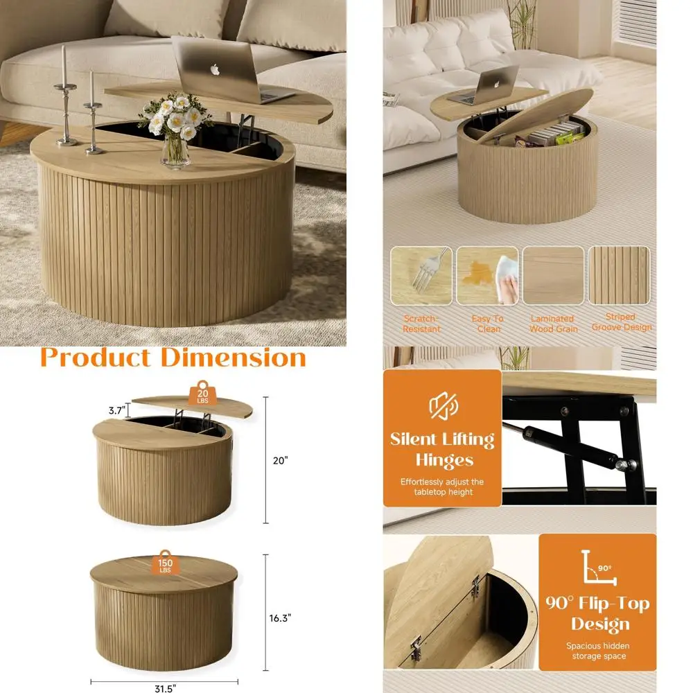 

Fluted Round Coffee Table with Lifting Top, 31.5 Oak Small Circle Coffee Table with Storage for Living Room