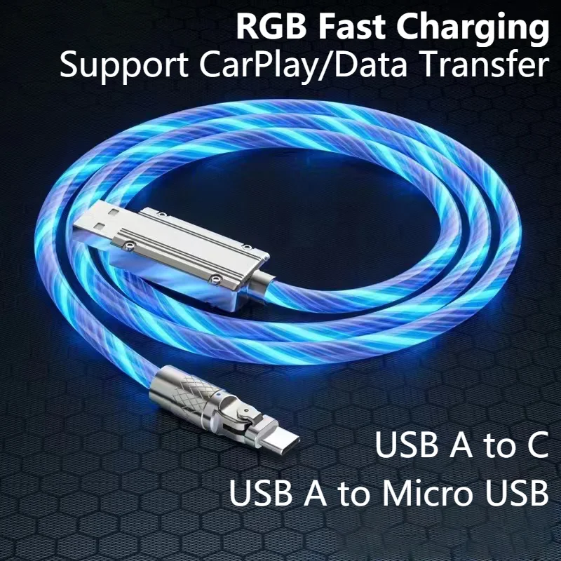 

Fast Charging Cable with RGB Breathing Light,Type C Micro USB,Data Cable for Samsung,Huawei,Xiaomi,Car Charge Cord 66W