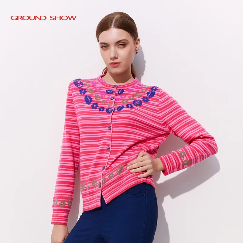 

Весенний модный кардиган с длинными рукавами в полоску, розовый, с вышивкой, на пуговицах, с низким круглым вырезом, облегающий, вязаный