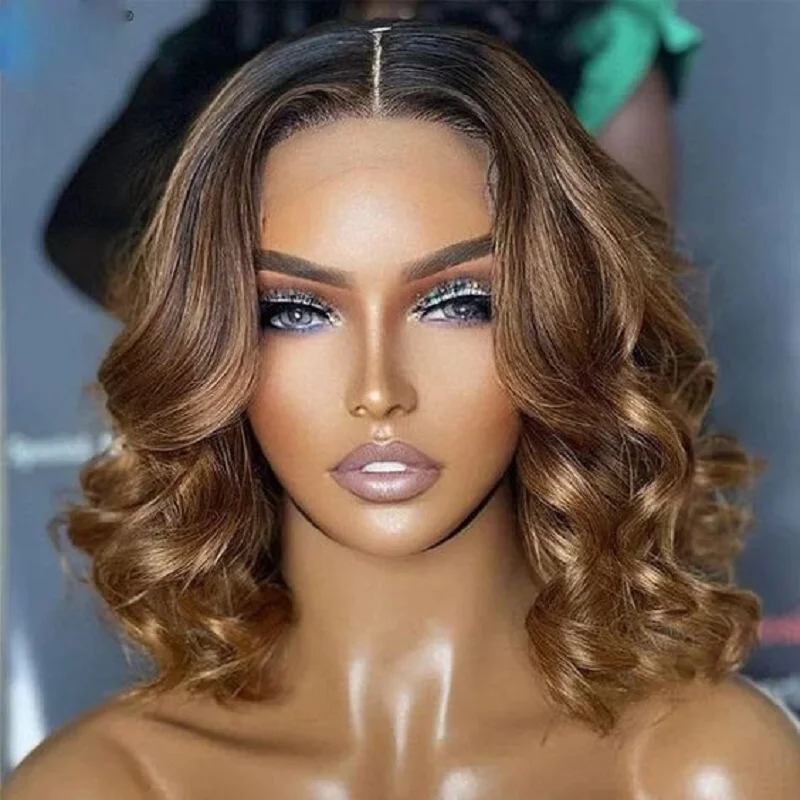 Soft Ombre Blonde 14inch Short Bob Deep Wave Glueless Preplucked Baby Hair Lace Front Wig For Women 180density Natural Hairline