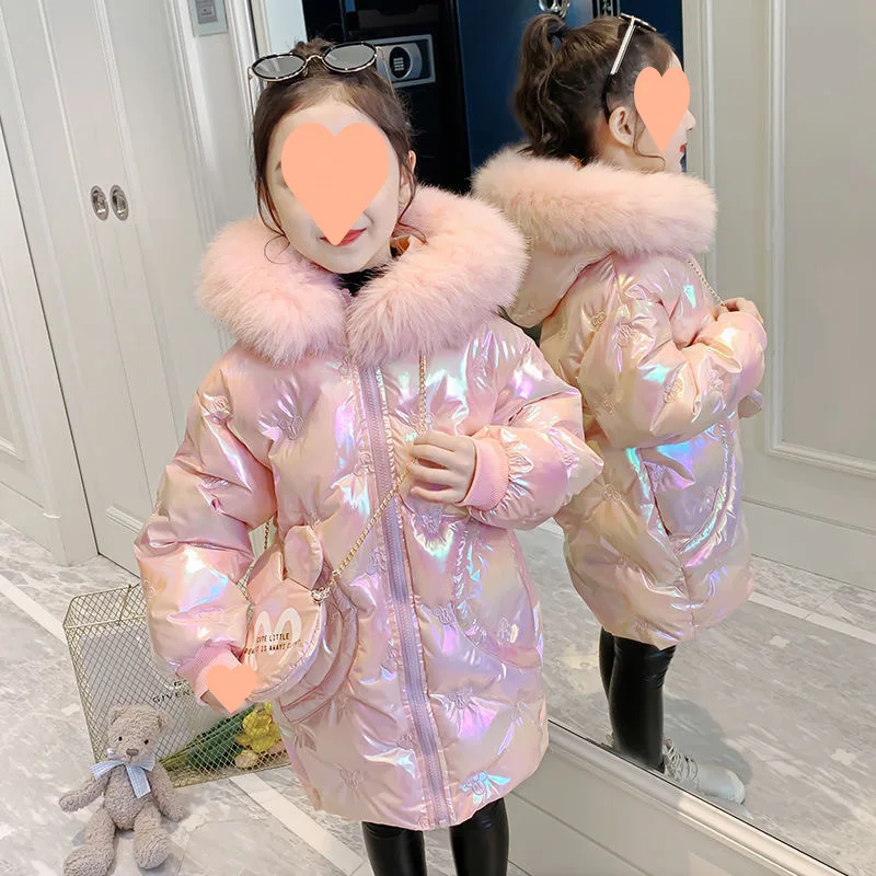 

Thicken Casual Jackets Kids Winter Glossy Coats Baby Girl Plush Hooded Outerwear Children Zipper Parkas Fashion Cute Overcoat