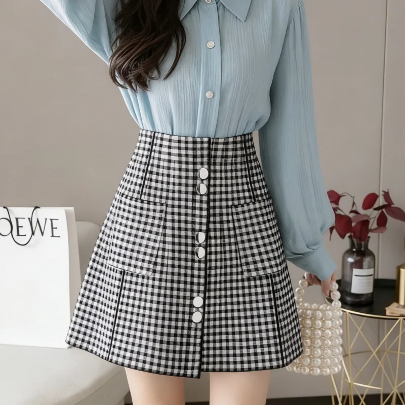 

Spring New Fashion Plaid Elegant Mini Skirt Women Korean Version A-Line Commuting Temperament Slim Skirt Versatile Knitted Skirt