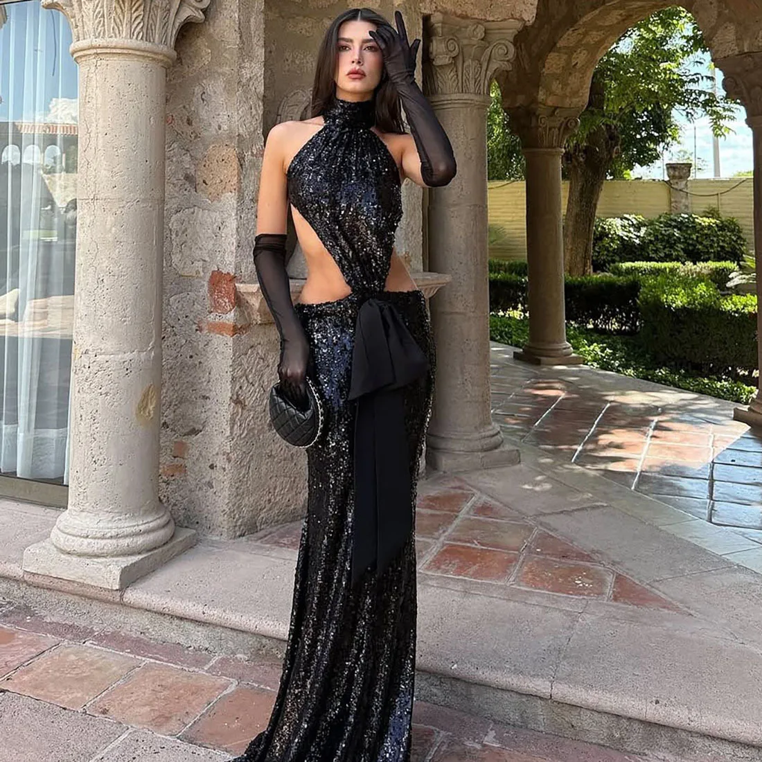 

Women Elegant Sexy Sequins Bodycon Maxi Party Dress Bow Ribbon Sleeveless Halter Backless Slim Clubwear Evening Gown Long Robe