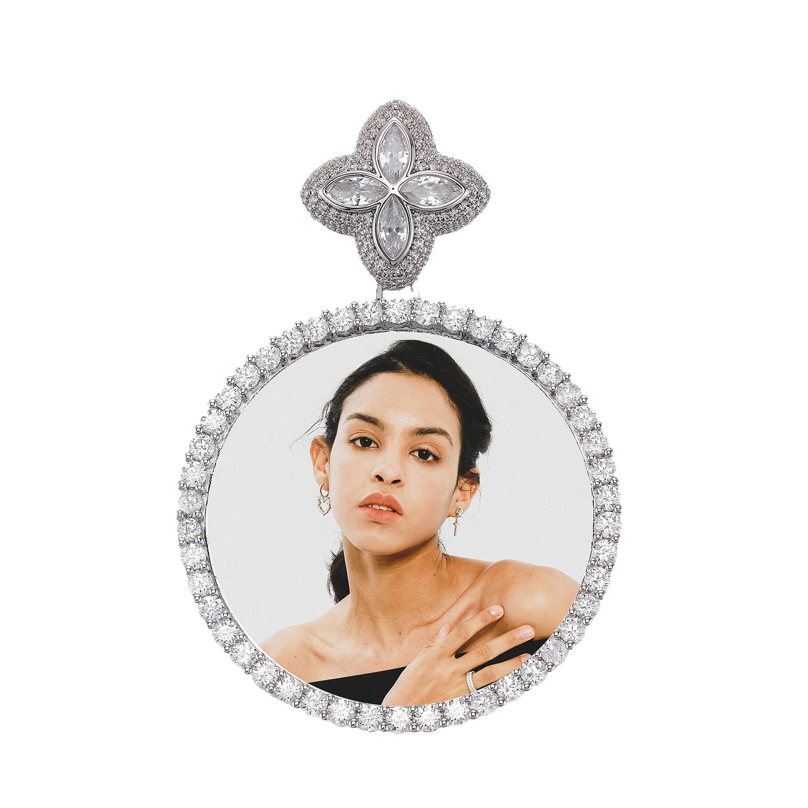 Custom Round Four‑Leaf  Bail Photo Pendant DIY Memory Picture Frame Necklace Hip Hop Personalized Jewelry Men Women Wholesale