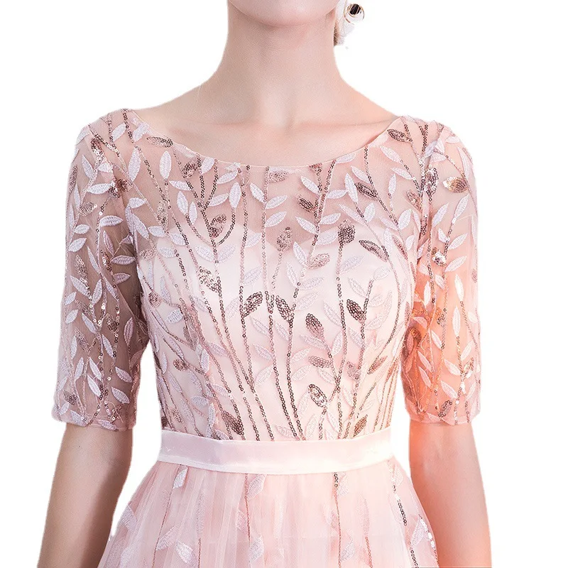 N1148 الشمبانيا الوردي نصف كم فساتين السهرة ثوب رسمي حفل مأدبة اللباس الحلو الذاكرة الطابق طول #5