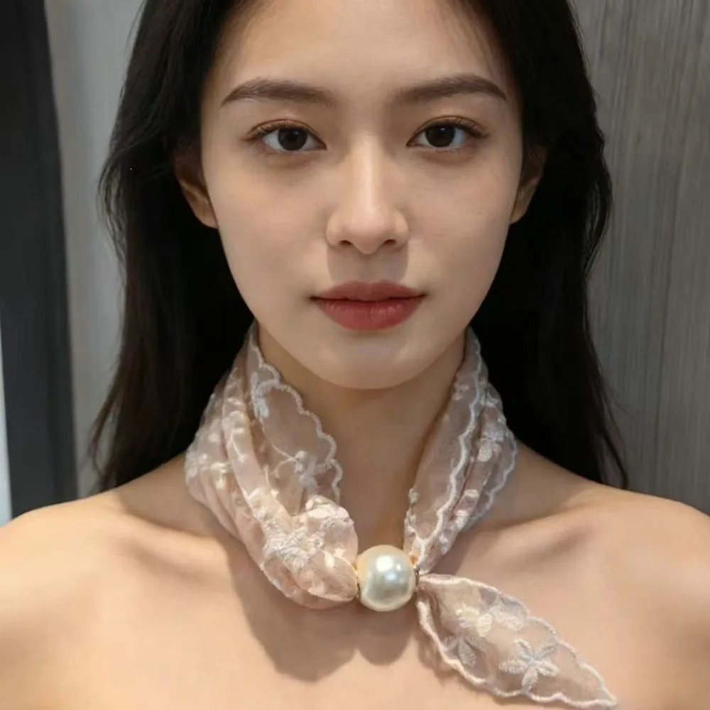 

Snap Closure Magnetic Buckle Lazy Scarf Adjustable Elegant Pearl Lace Neck Scarf Collarbone Chain Versatile Shirt Collar Scarf